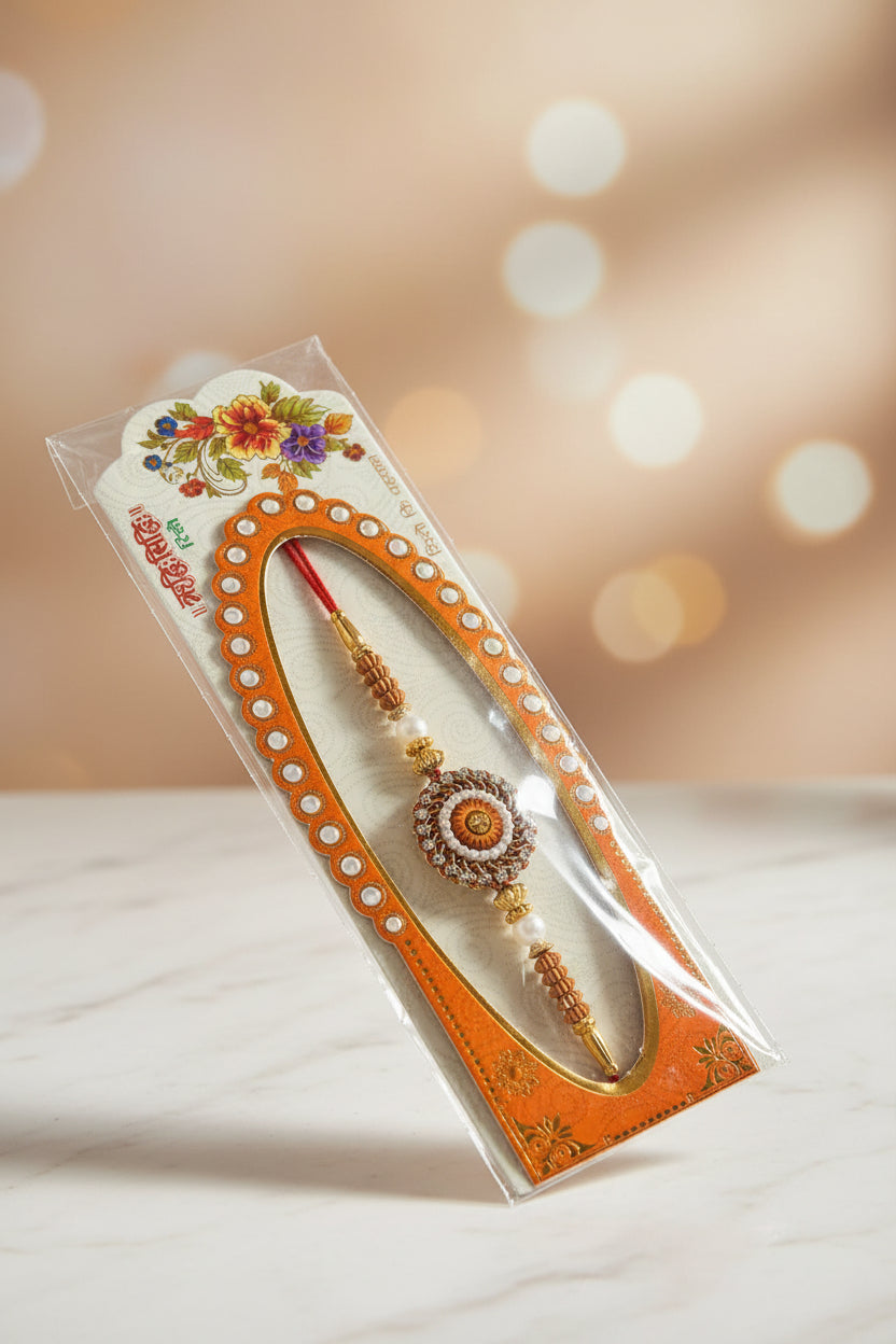 Traditional floral beaded rakhi with pearl and gold accents