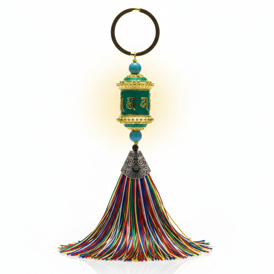 Turquoise green Tibetan prayer wheel keychain with colorful tassel