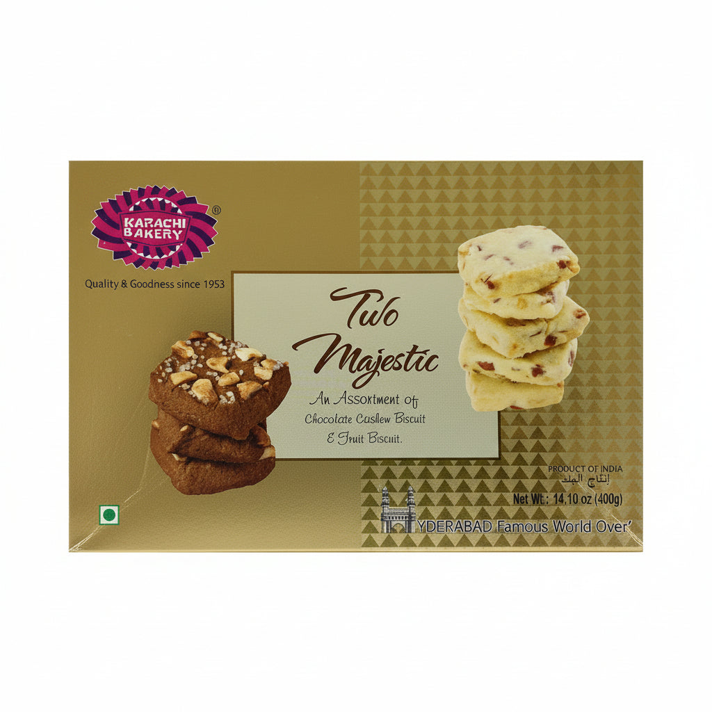 Karachi Bakery Two Majestic biscuit box on clean white background premium gold packaging.