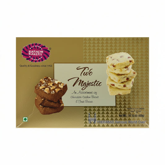 Karachi Bakery Two Majestic biscuit box on clean white background premium gold packaging.