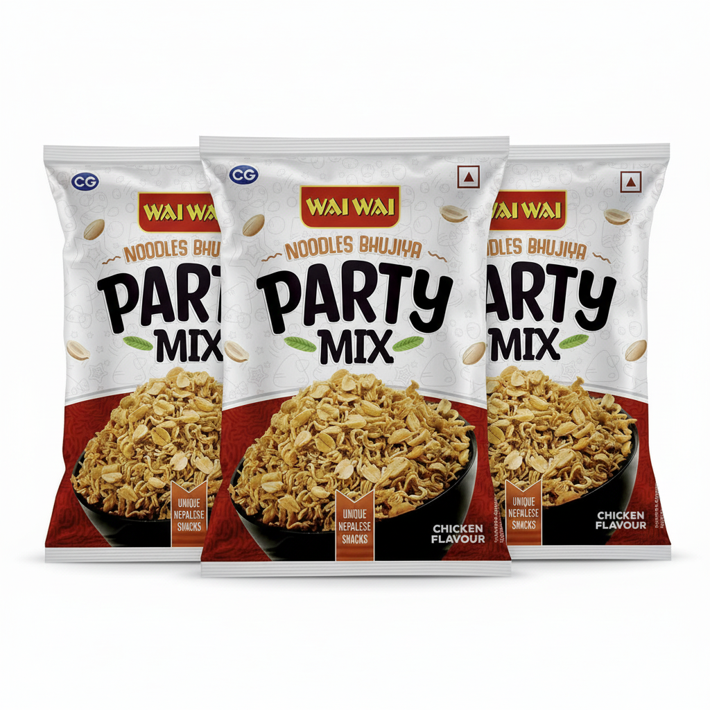 Wai Wai Noodles Bhujia Party Mix packaging with chicken flavor on a white background
