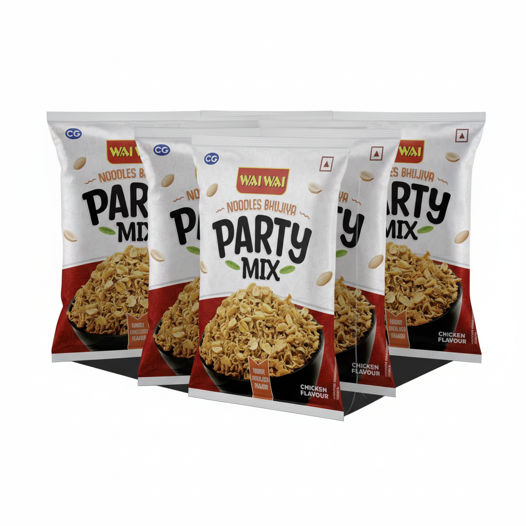 Wai Wai Noodles Bhujia Party Mix packaging with chicken flavor on a white background