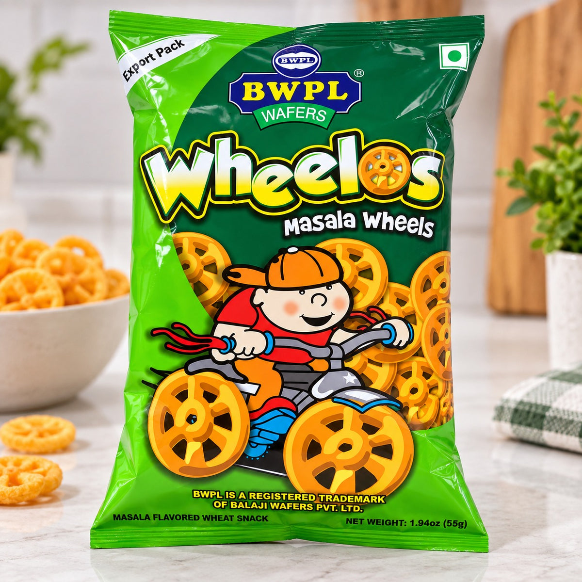BWPL Wheelos Masala Wheels flavored wheat snack 55g package