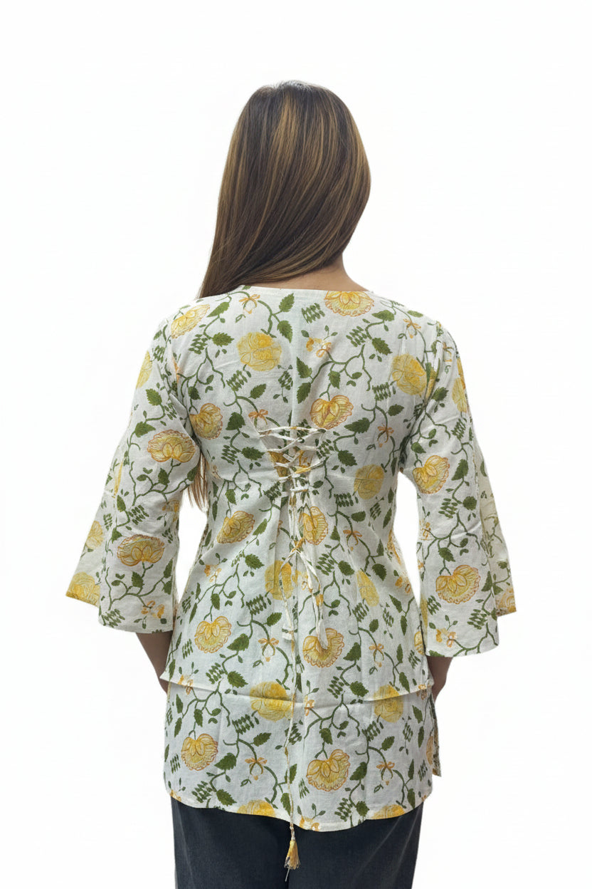 Yellow & Green Botanical Print Tunic with Tassel Detail