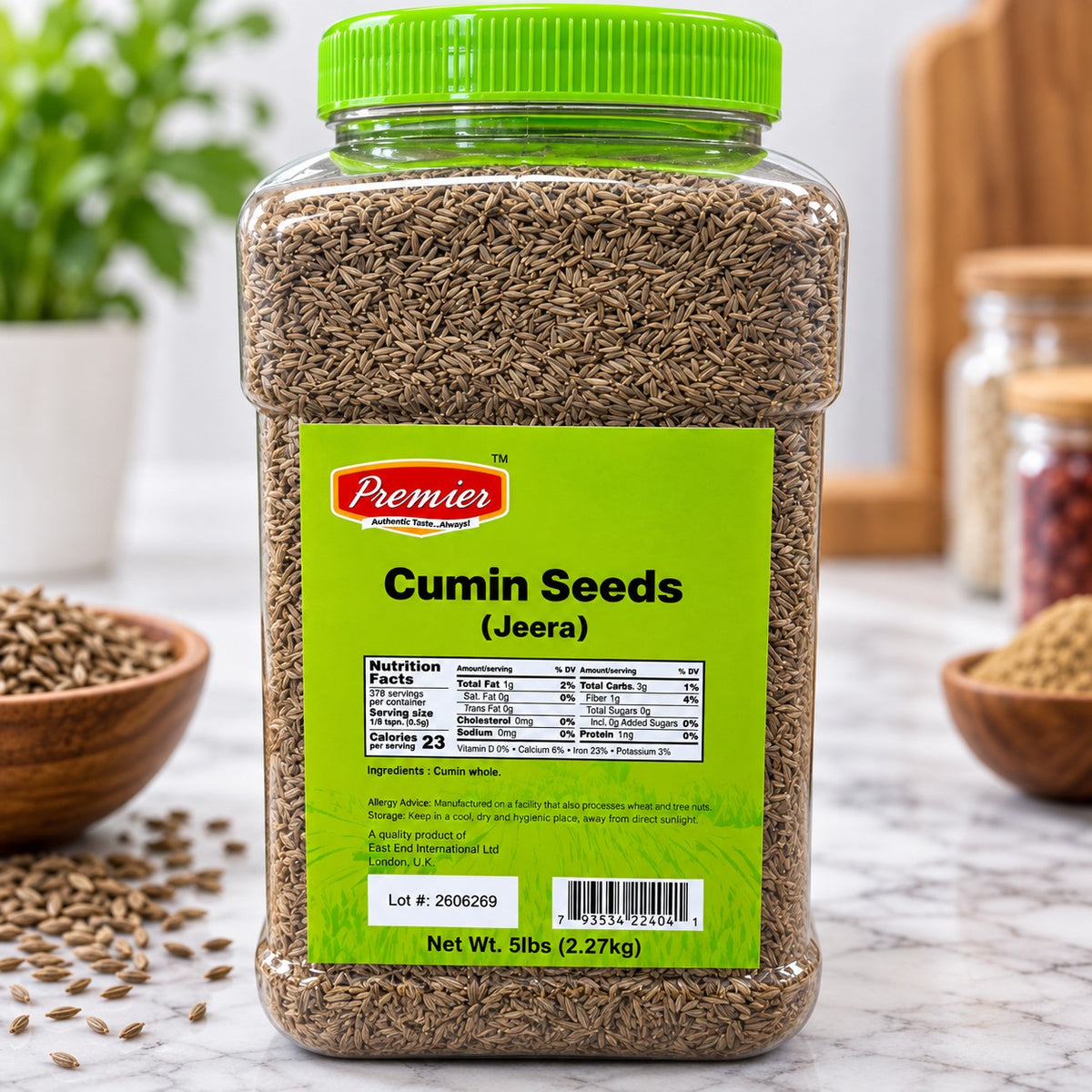 Premier Whole Cumin Seeds Jeera in a 5 lb bulk container