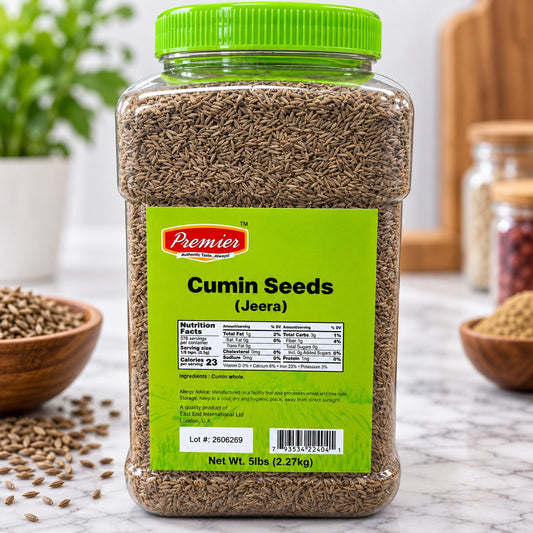 Premier Whole Cumin Seeds Jeera in a 5 lb bulk container