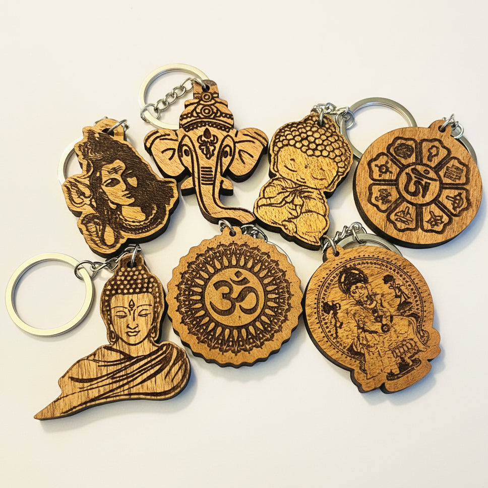 Assorted wooden spiritual keychains with Buddha, Ganesha, Shiva, Om and engraved deity designs