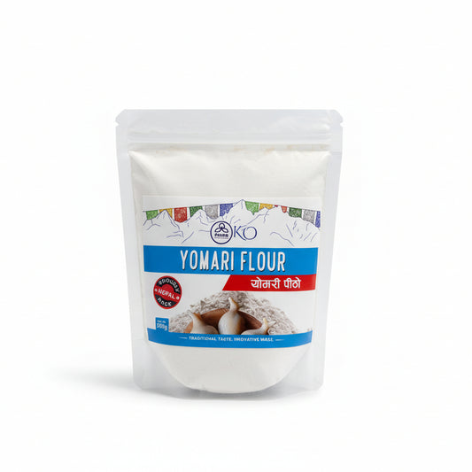 Front packaging of Mana KO Taichin Rice Flour (500g) featuring colorful prayer flags and a sketch of Mount Lhotse.