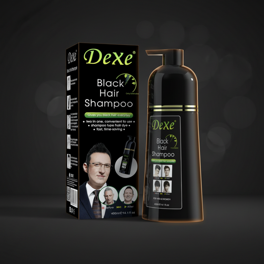 Dexe Black Hair Shampoo bottle and packaging on a white background