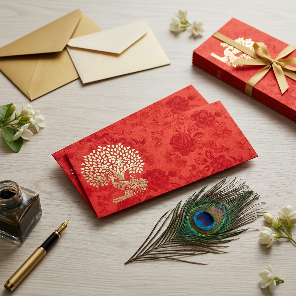 Detailed red gift envelope showcasing an intricate gold-foiled peacock and tree design on a floral background.