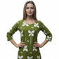 Front view of a fitted lime green short kurta featuring 3/4 sleeves and a chic square neck.