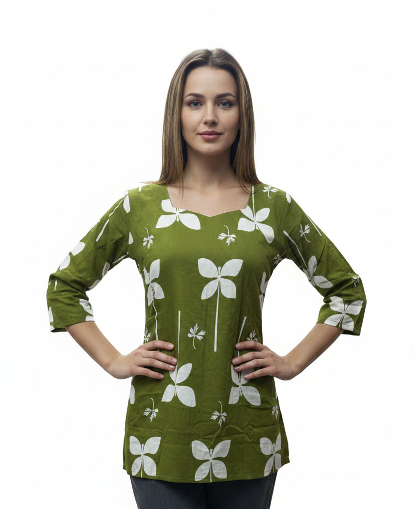 Front view of a fitted lime green short kurta featuring 3/4 sleeves and a chic square neck.
