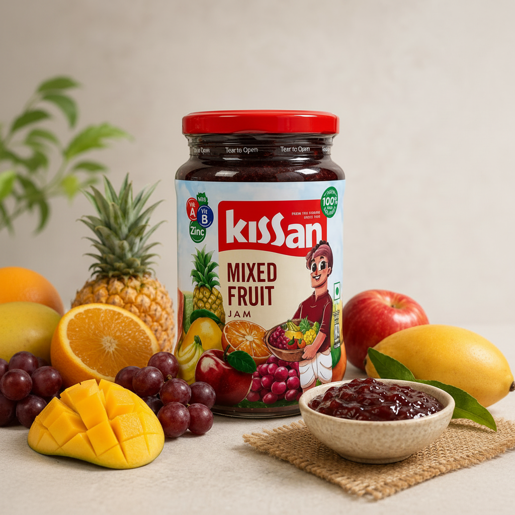 Kissan Mixed Fruit Jam 500g jar with mixed fruit jam spread