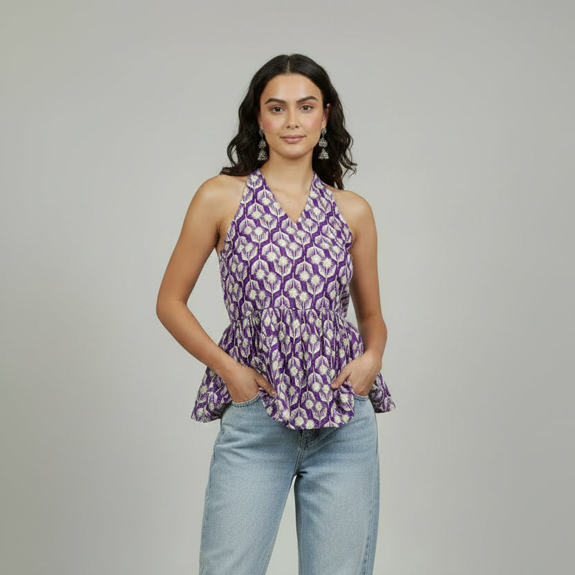 Purple Halter Neck Short Kurti