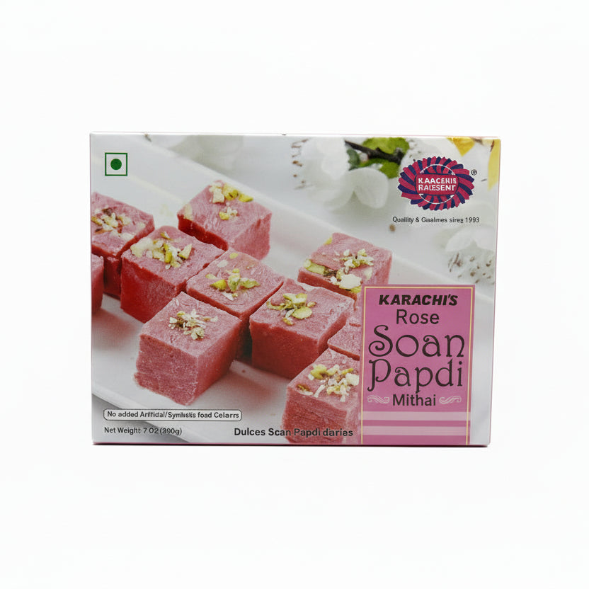 Karachi Bakery Rose Soan Papdi authentic pink floral dessert box front.