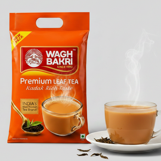 Wagh Bakri Premium Leaf Tea pack with rich kadak Indian tea