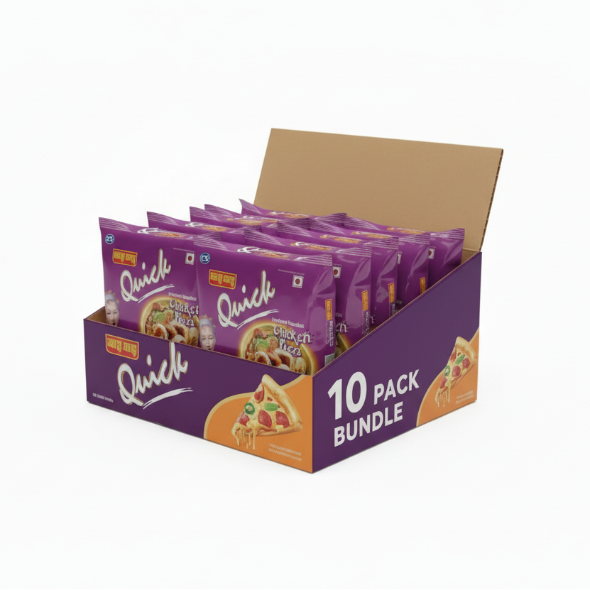 Purple packaging of Anuch Anuch Quick instant noodles with chicken pizza flavor, featuring a character on the left.