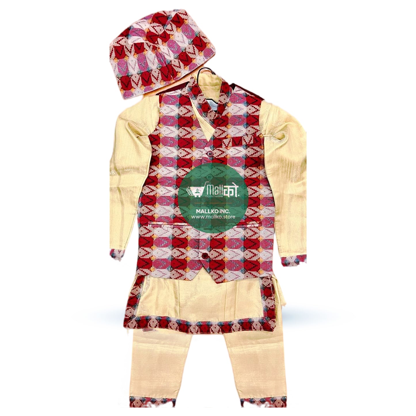 High Quality Boy's Daura Suruwal with Vest & Topi ( Red and Gold)