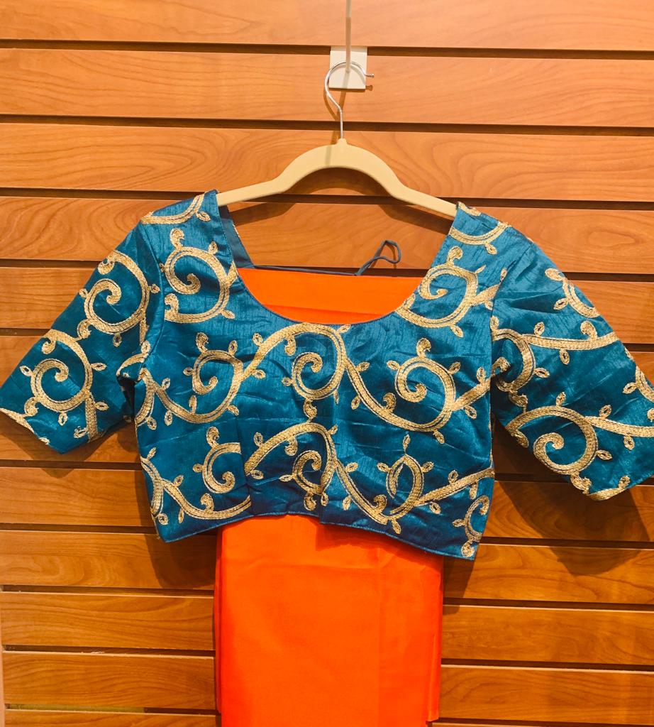 designer plain silk saree with stitched blouse and falls