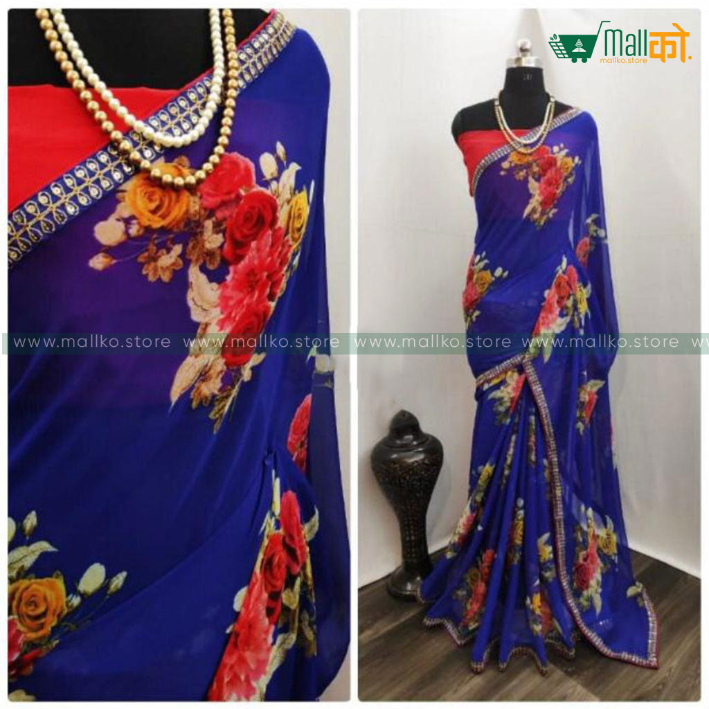 Elegant flower design saree blue