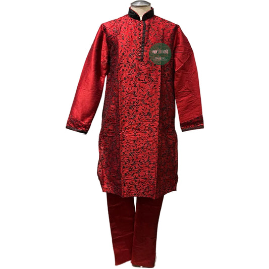 Men’s ethnic straight kurta and pajama set in red and maroon for festive occasions