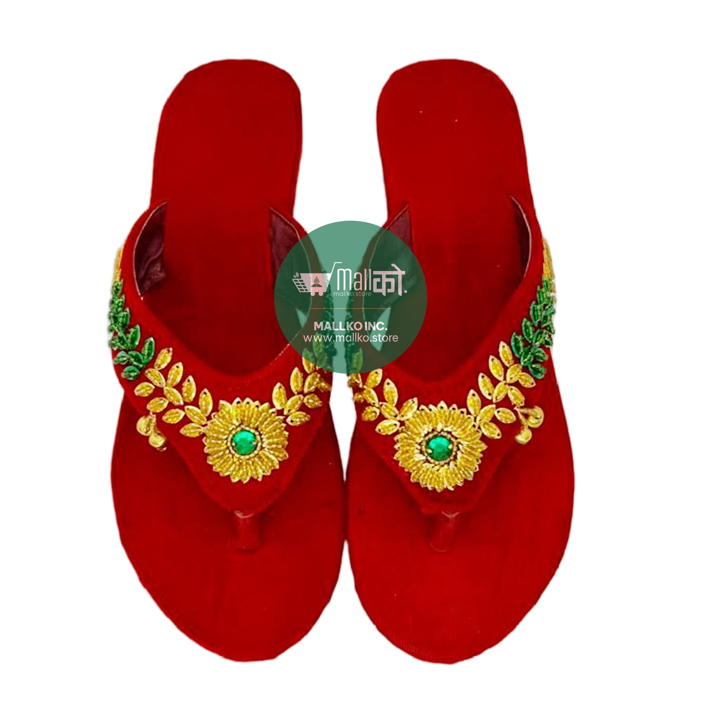 Handmade Velvet Bridal Heels with Gold & Green Kundan