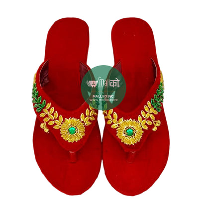 Handmade Velvet Bridal Heels with Gold & Green Kundan