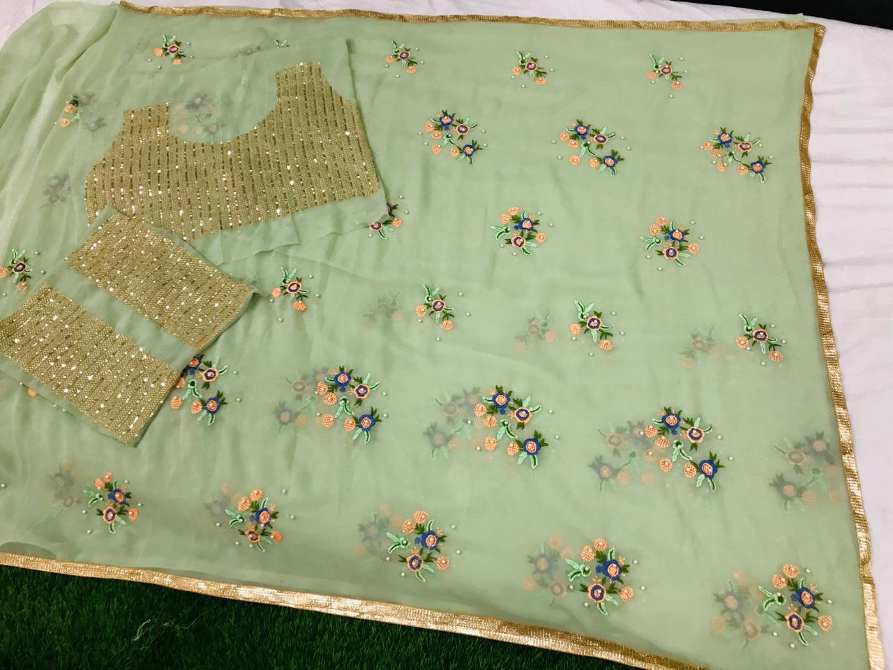 Fancy Threadwork and Sequence Sari with Size 38 Blouse