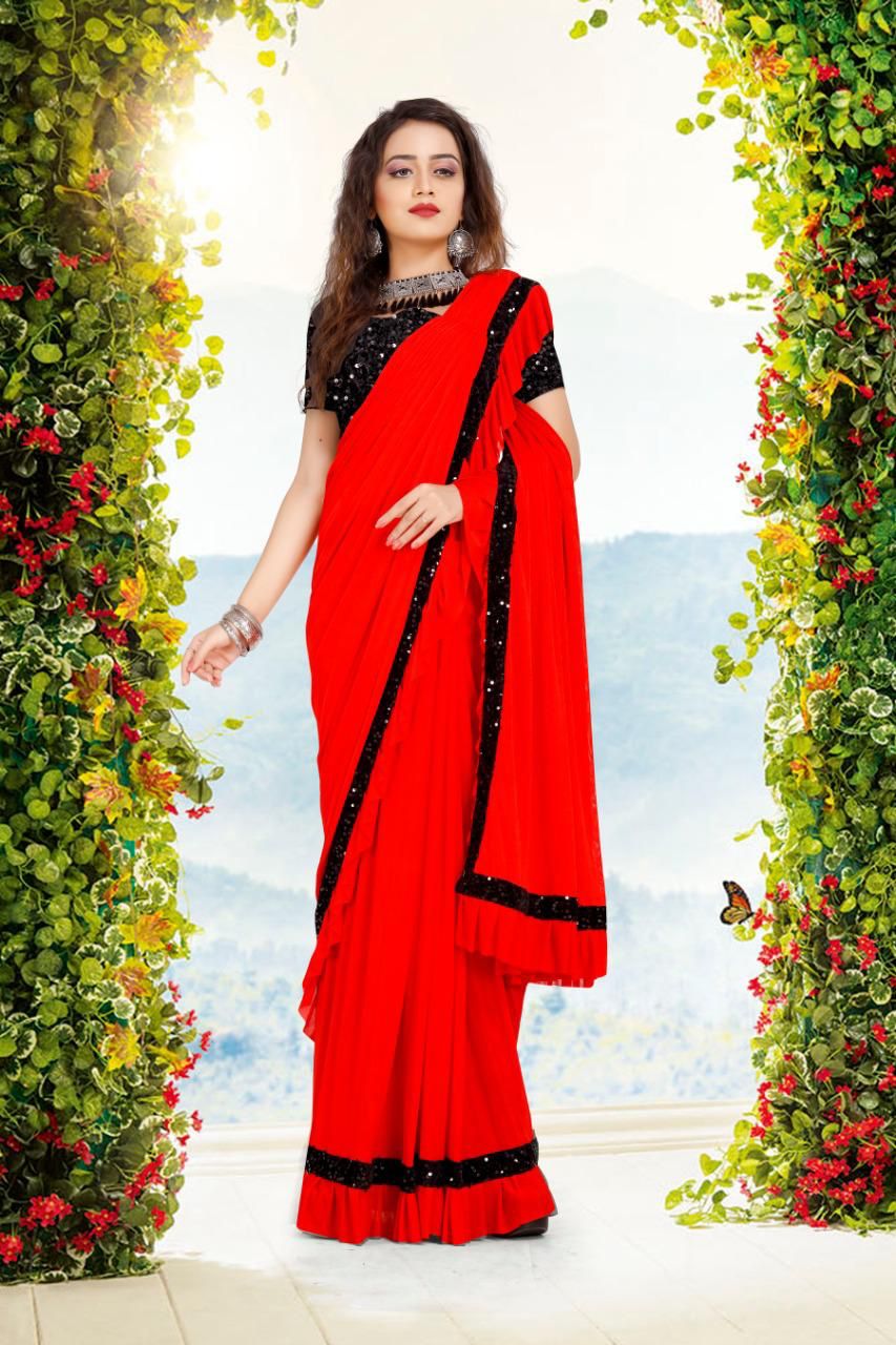 Red Hot georgette saree with black & gold border - AURA D'ZIGNS - 227364