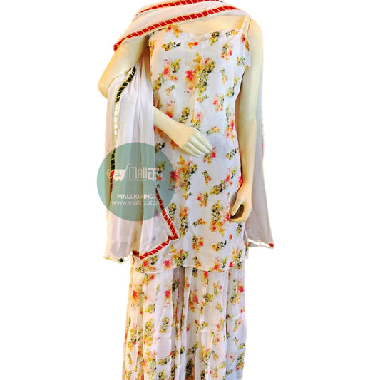 White Floral Kurti with Trendy Palazzo & Chunni